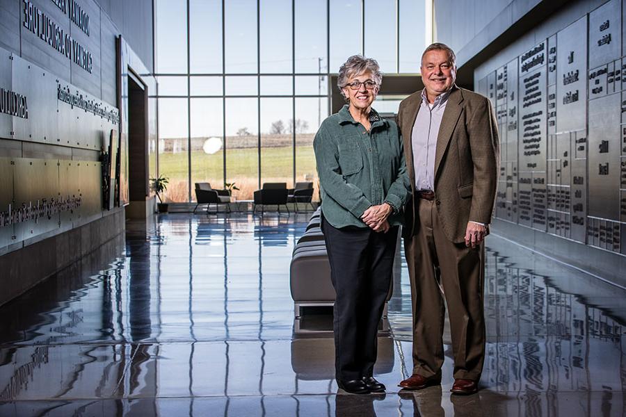 Rex and Vicki Brod are pictured in the atrium of the Agricultural Learning Center. 